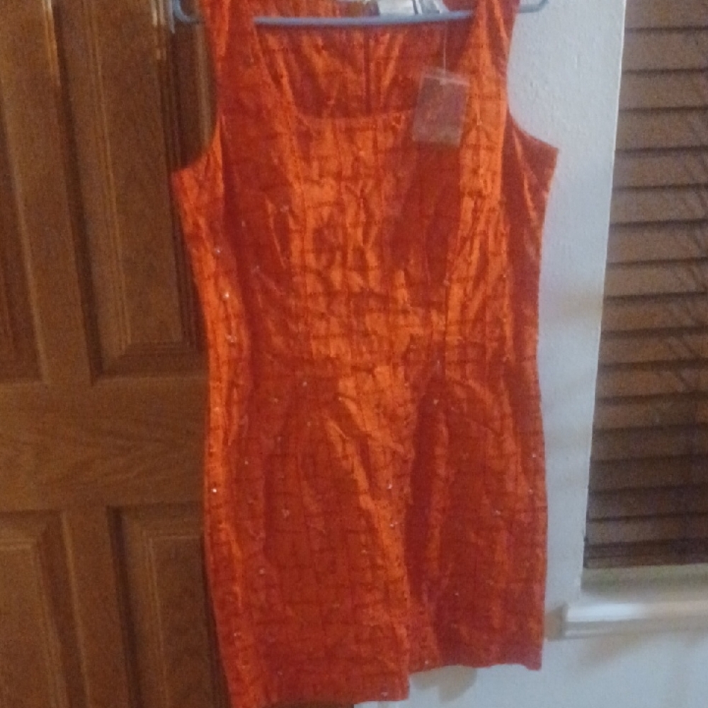 Orange Sheath Mini Dress with Square Neck, Their Is No (Stretch In This dress)
